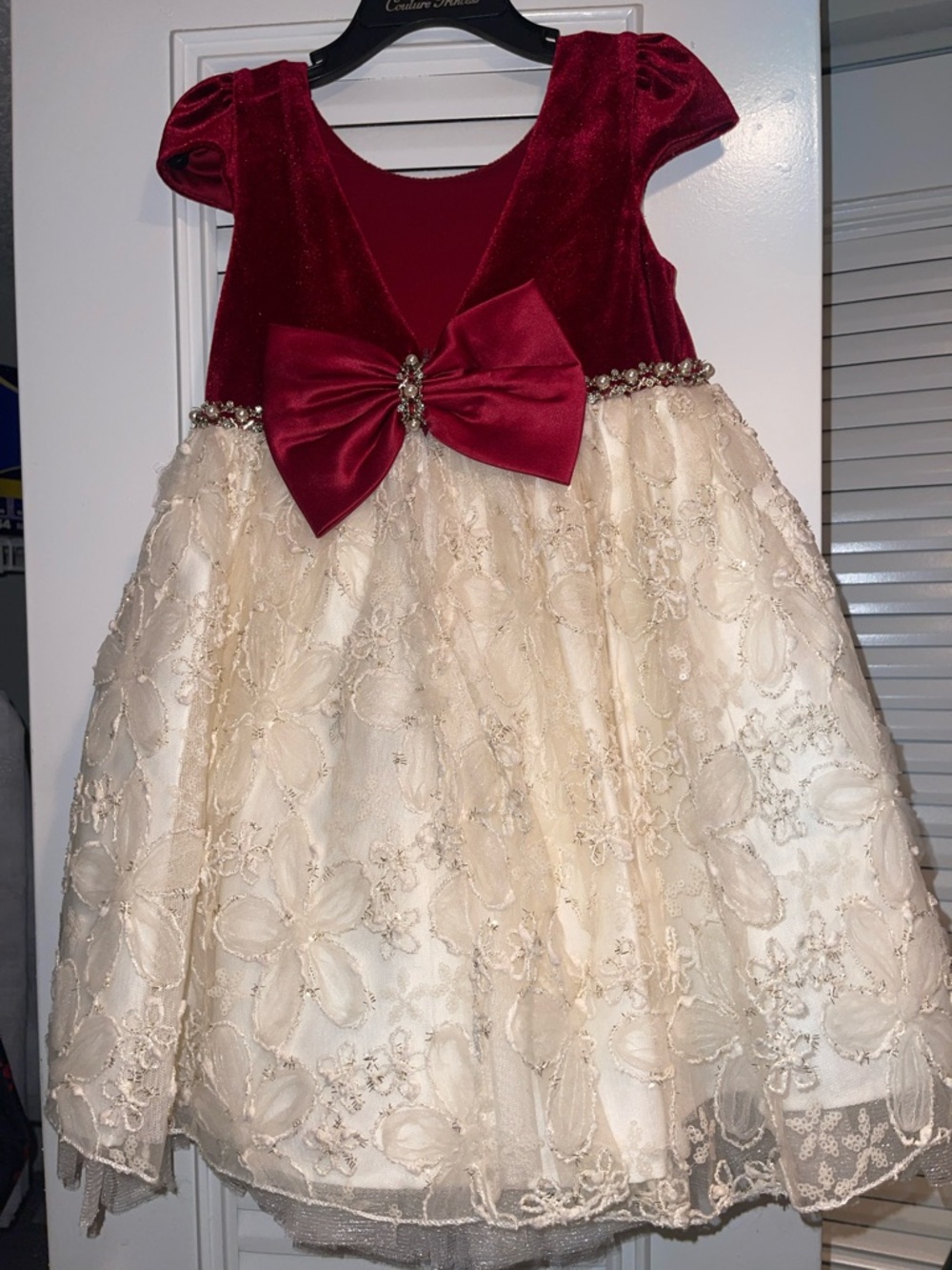 Girls Burgundy Velvet and Cream Lace Bow Party Dress